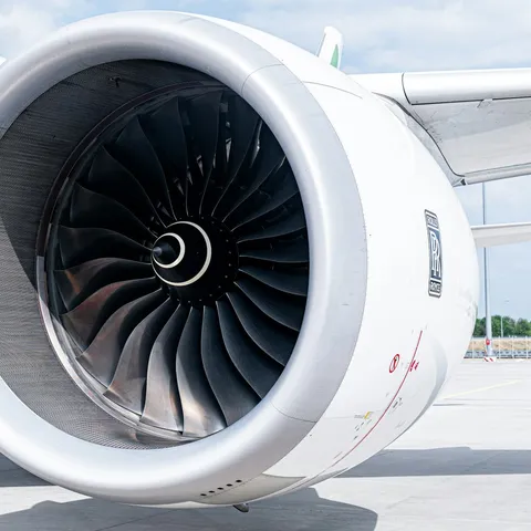 A jet engine mounted on the wing of an airliner