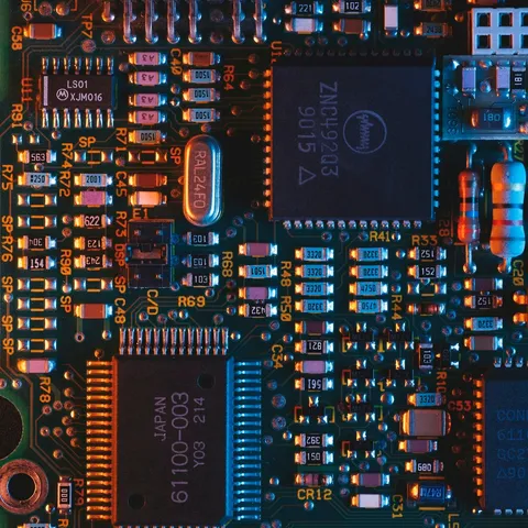 Close-up of a printed circuit board with microchips